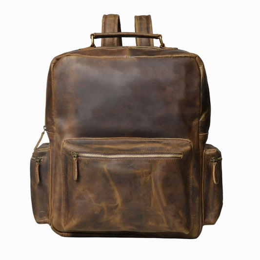 distressed Brown vintage Brown leather backpack on a white background