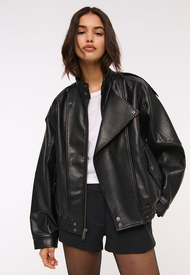 Ladies Black Oversized Moto Biker Vintage 90s Leather Jacket