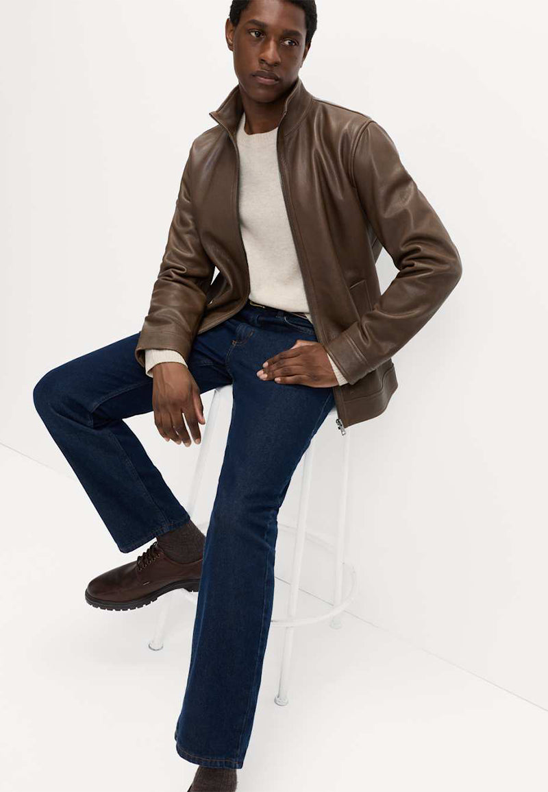 Mens Brown Bomber Genuine Sheepskin Leather Jacket