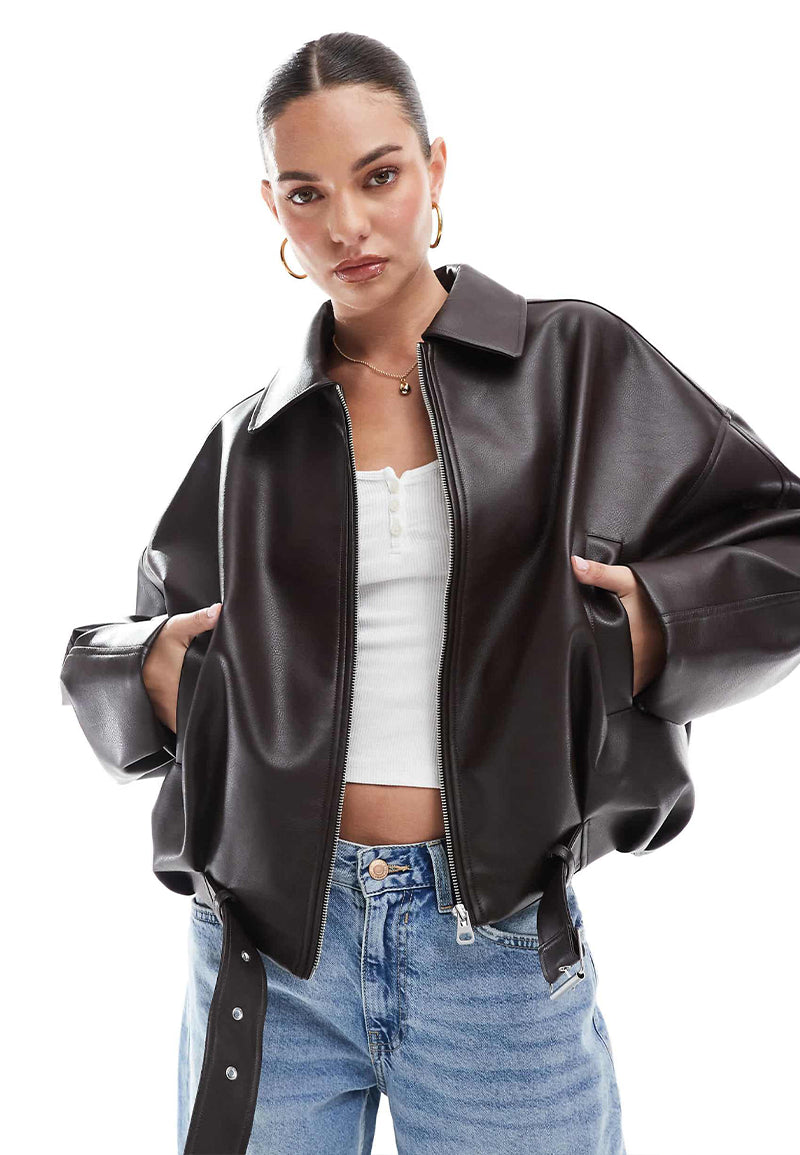 Womens Vintage Brown Oversized Genuine Leather Jacket – Gleam Hide