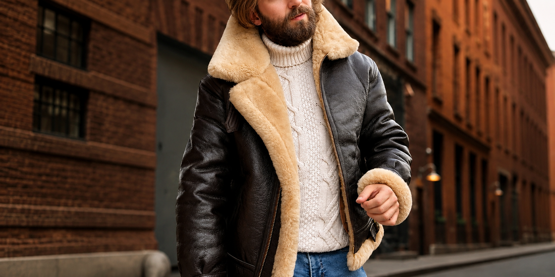 a man wearing vintage brown sheepskin leather B3 bomber jacket up for a shoot