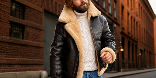 a man wearing vintage brown sheepskin leather B3 bomber jacket up for a shoot