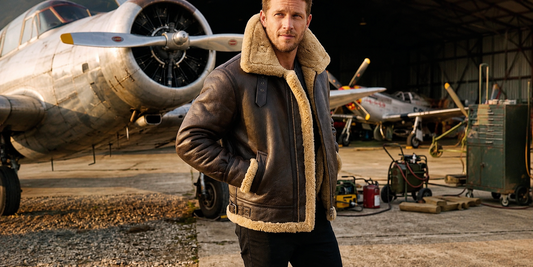 Model wearing a brown B3 shearling leather bomber jacket with cream wool lining in an aircraft hangar.