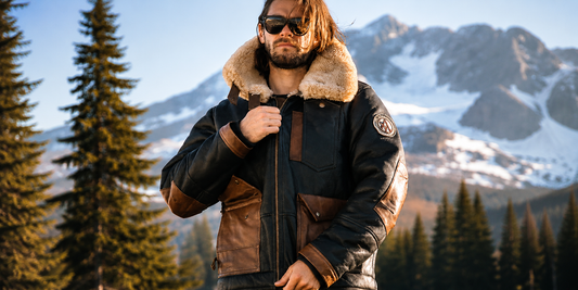 Man wearing a black and brown shearling aviator jacket with a fur collar, standing on a rocky ledge against a realistic alpine mountain and forest background in natural light.