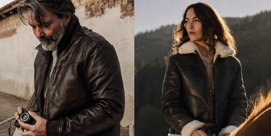 Men's and women's aviator shearling leather jackets outdoors