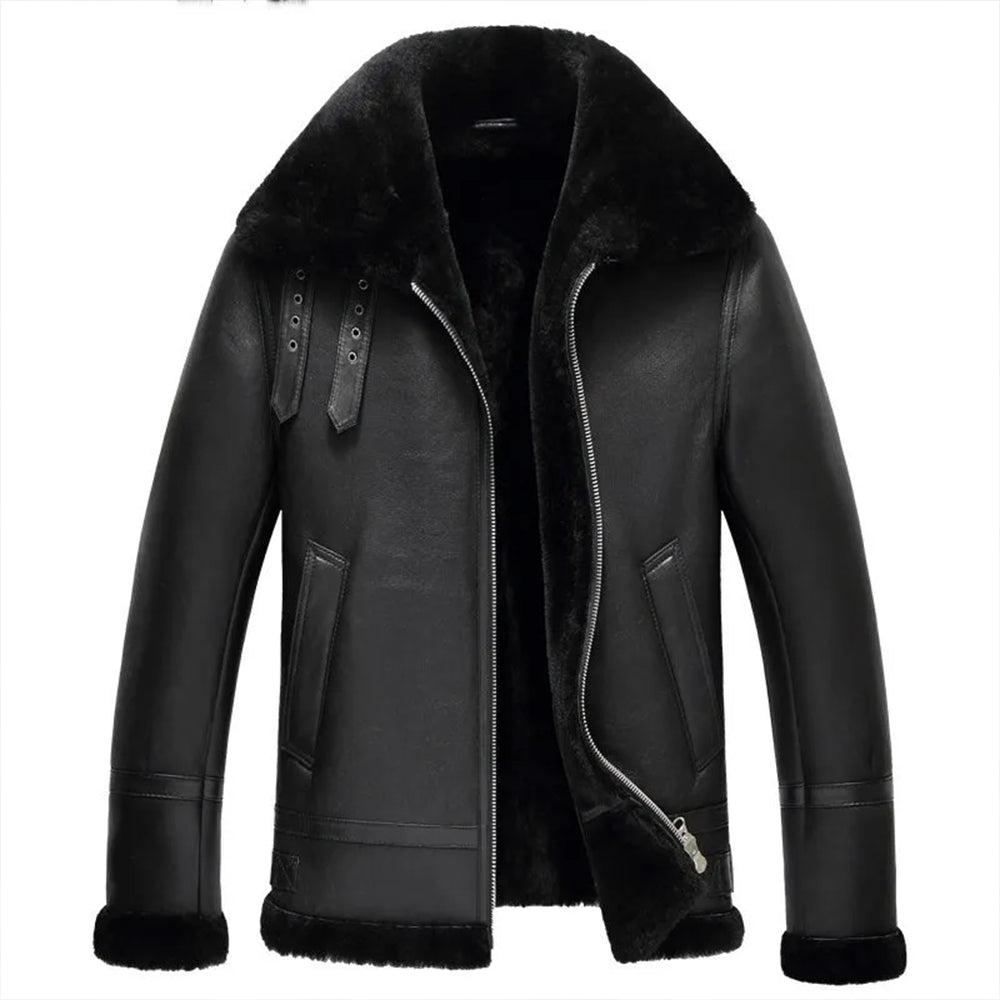 Black Aviator Pilot Vintage Sheepskin Shearling Mens B3 Bomber Jacket