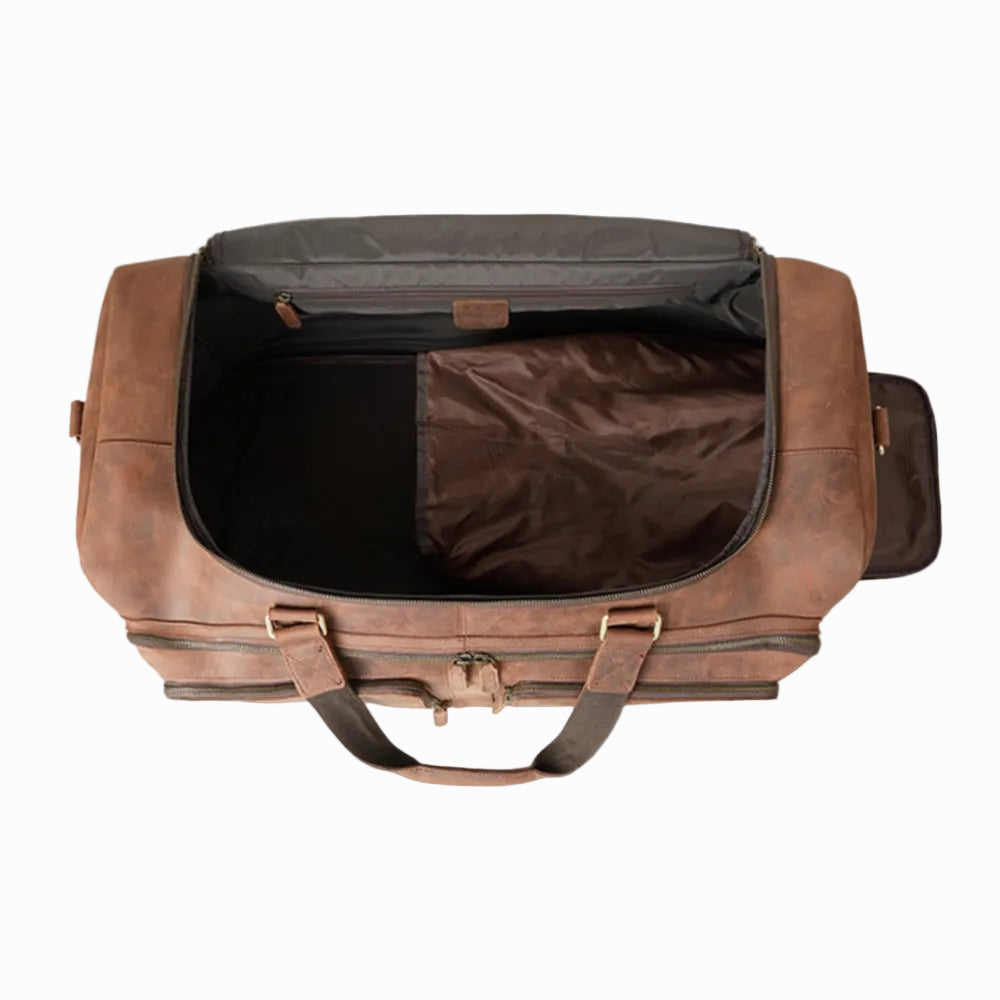 vintage Brown leather duffel bag with open top on a white background