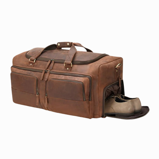 vintage Brown genuine leather duffel bag with a shoe compartment on a white background
