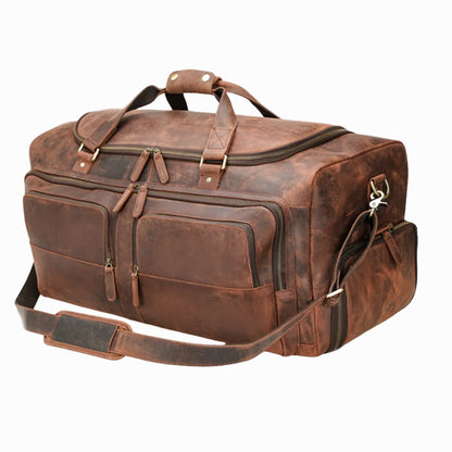 Brown leather vintage duffel bag on a white background
