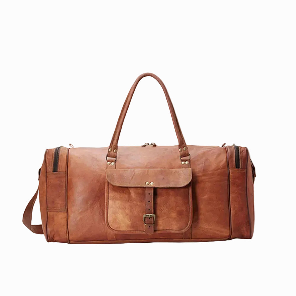 Brown leather duffel bag on a white background