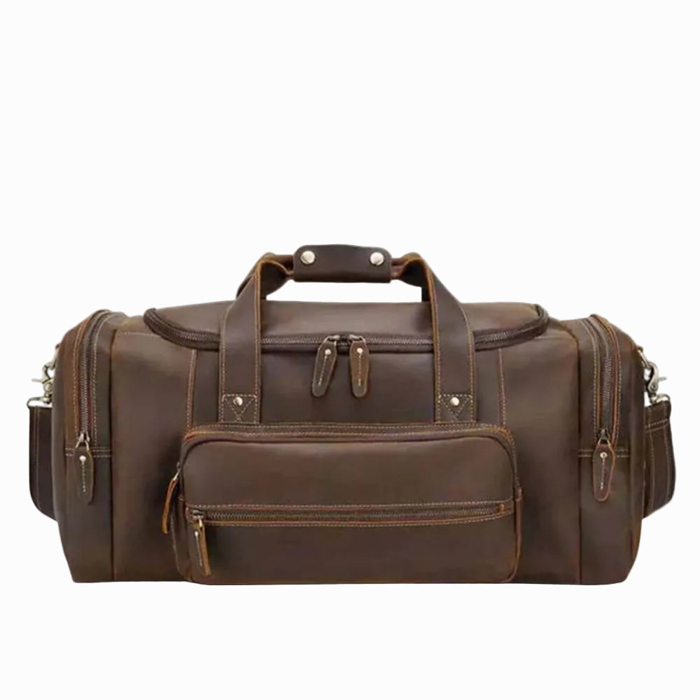 front view of a brown leather duffel bag on a white background