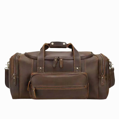 front view of a brown leather duffel bag on a white background