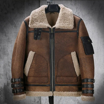 Brown Mens Vintage Flight Aviator Shearling Sheepskin B3 Bomber Jacket