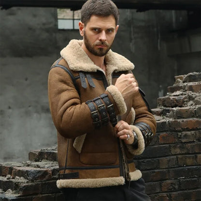 Brown Mens Vintage Flight Aviator Shearling Sheepskin B3 Bomber Jacket