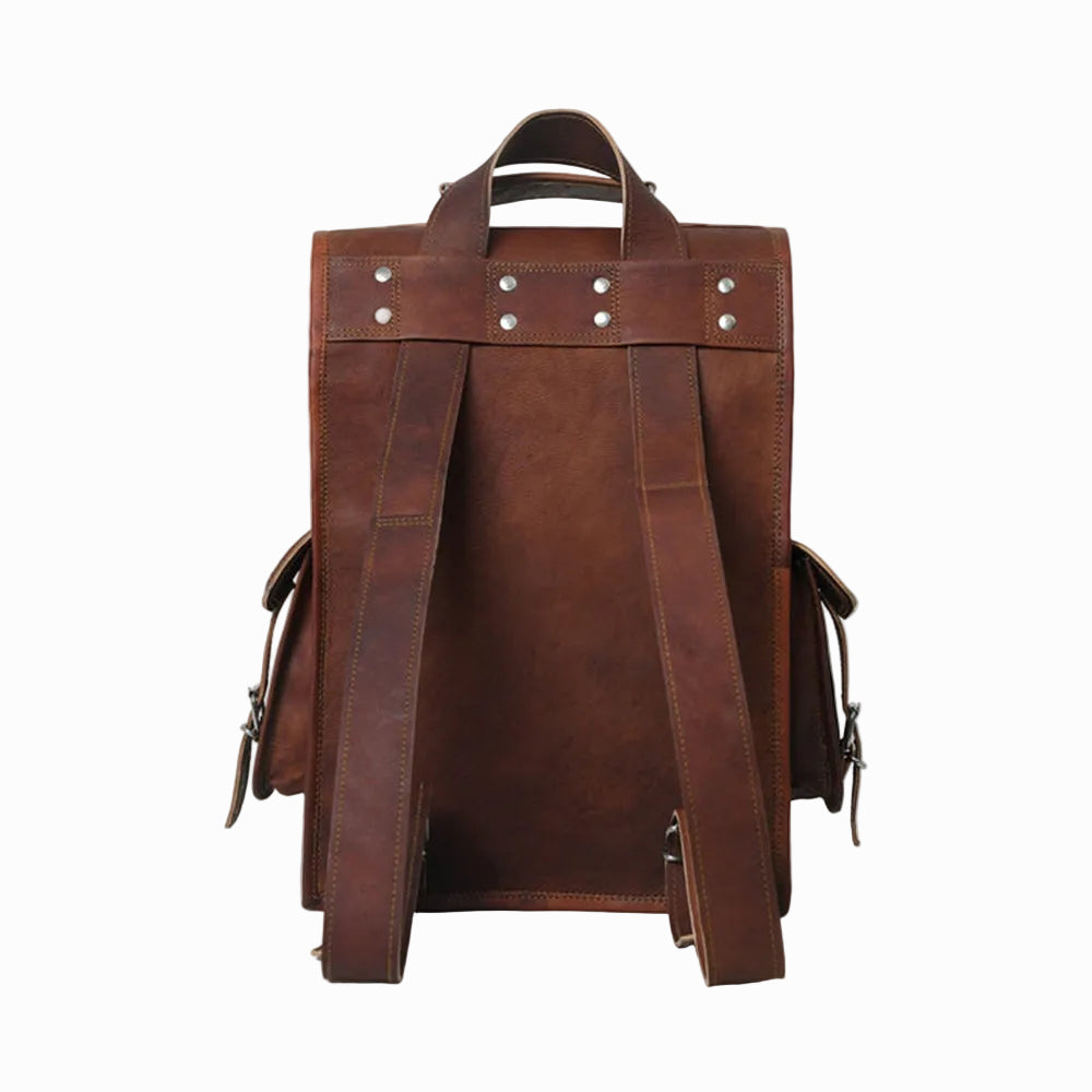 Vintage distressed unisex Brown sheepskin backpack on a white background
