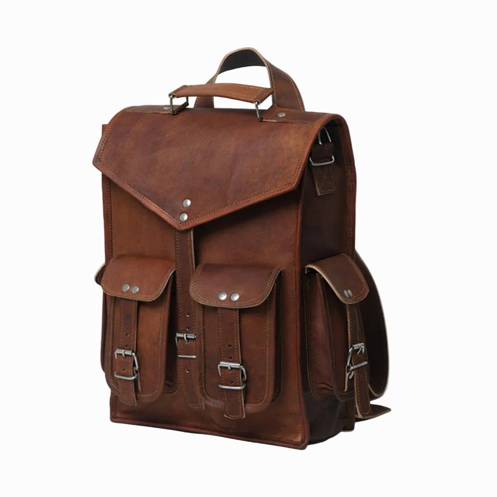 Vintage distressed Brown leather backpack on a white background