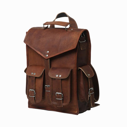Vintage distressed Brown leather backpack on a white background
