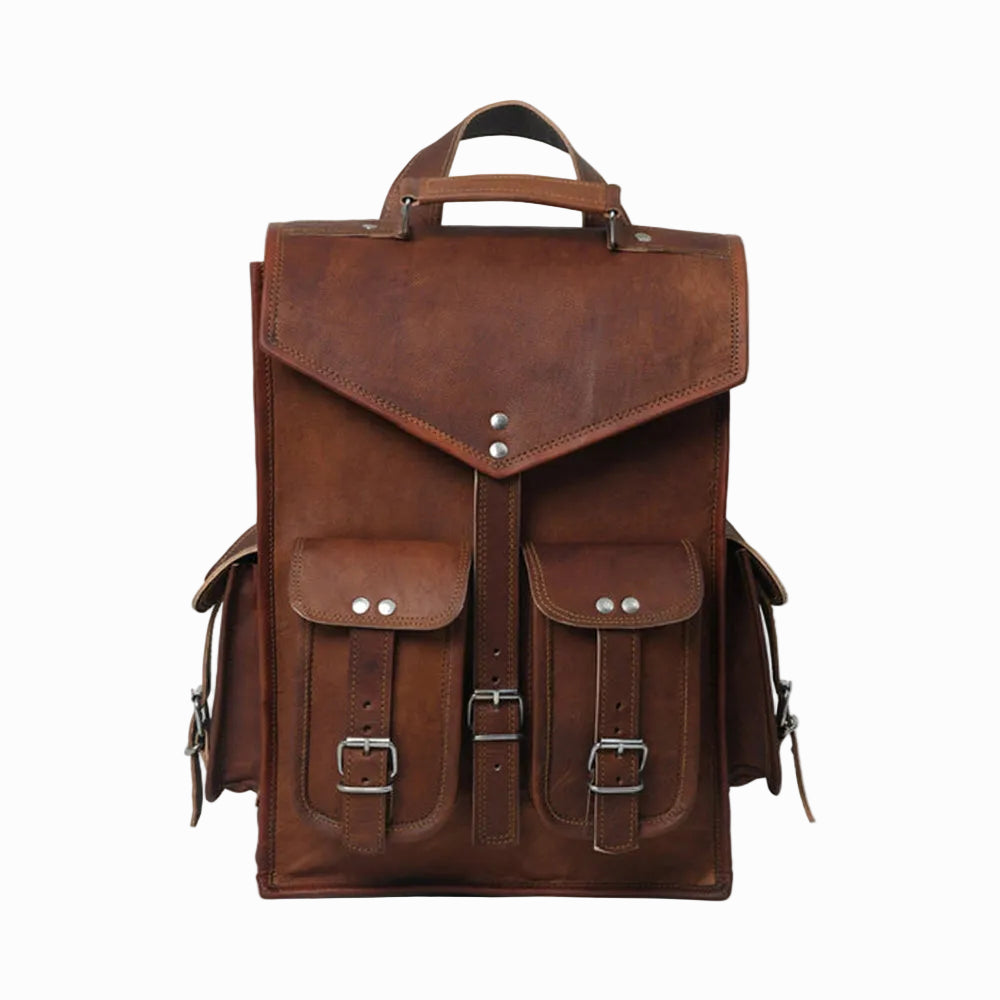 vintage distressed unisex sheepskin Brown leather backpack on a white background