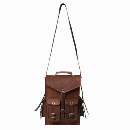 vintage distressed unisex sheepskin Brown leather backpack with straps on a white background