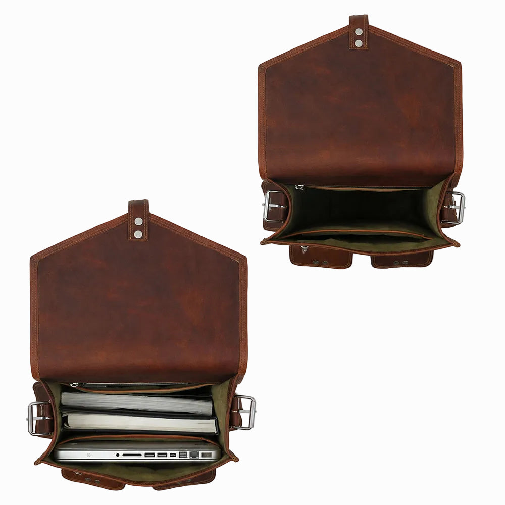 vintage distressed unisex sheepskin Brown leather briefcase with open compartments on a white background