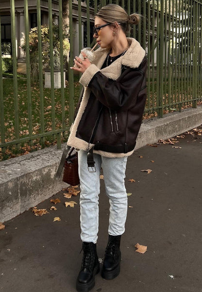 brown shearling jacket-brown leather vintage jacket-brown genuine leather shearling jacket-brown genuine leather shearling jacket-retro brown leather jacket-shearling leather jacket womens-oversized shearling jacket-brown shearling leather jacket-vintage oversized leather jacket-women's shearling bomber jacket-relaxed fit jacket-shearling bomber jacket womens-shearling leather jacket women-leather jacket with shearling collar-women's vintage brown leather jacket