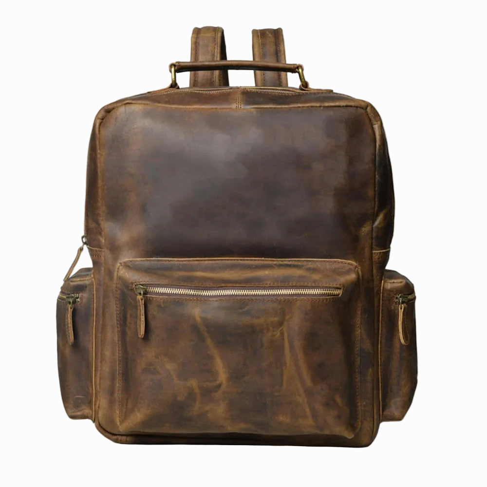 distressed Brown vintage Brown leather backpack on a white background