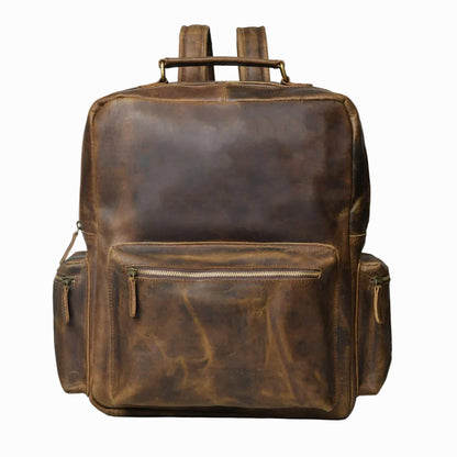 distressed Brown vintage Brown leather backpack on a white background