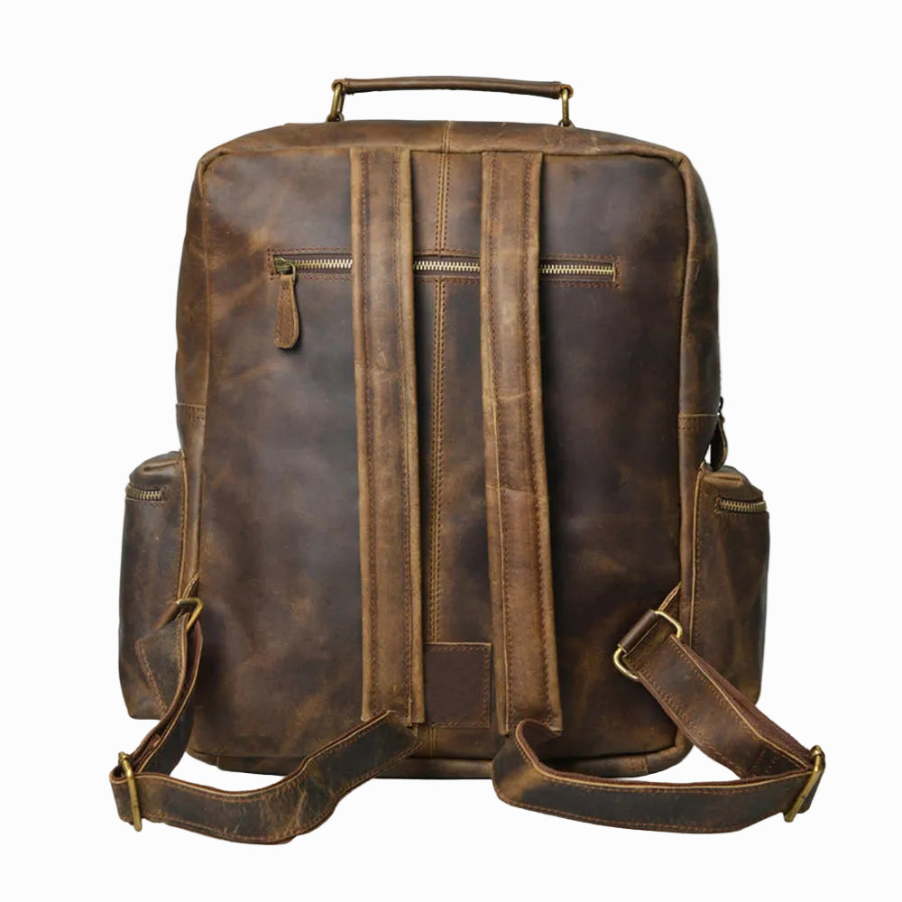 back view of distressed Brown vintage Brown leather backpack on a white background