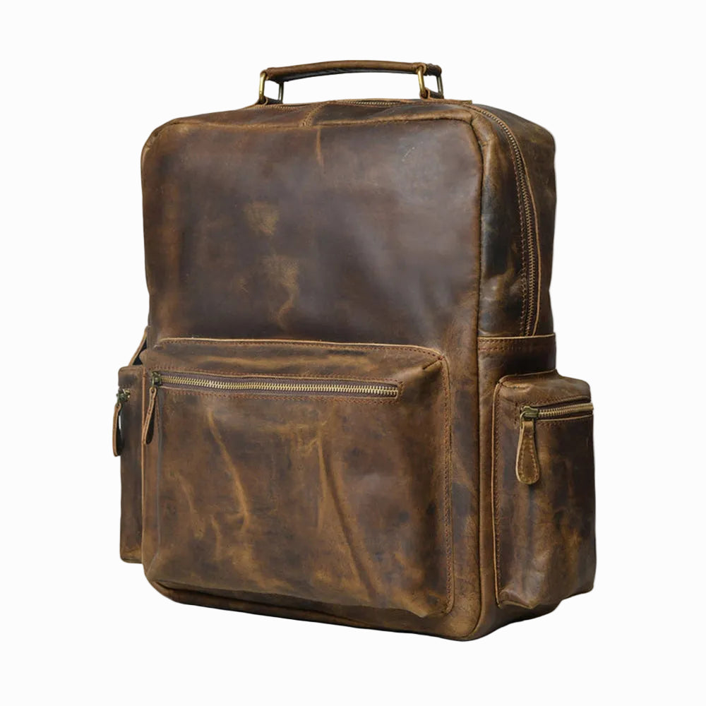 distressed Brown vintage Brown leather backpack on a white background