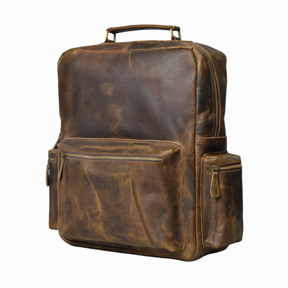 distressed Brown vintage Brown leather backpack on a white background