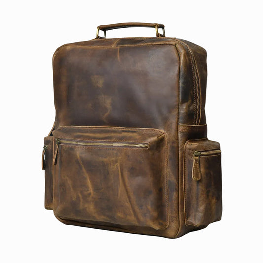 distressed Brown vintage Brown leather backpack on a white background