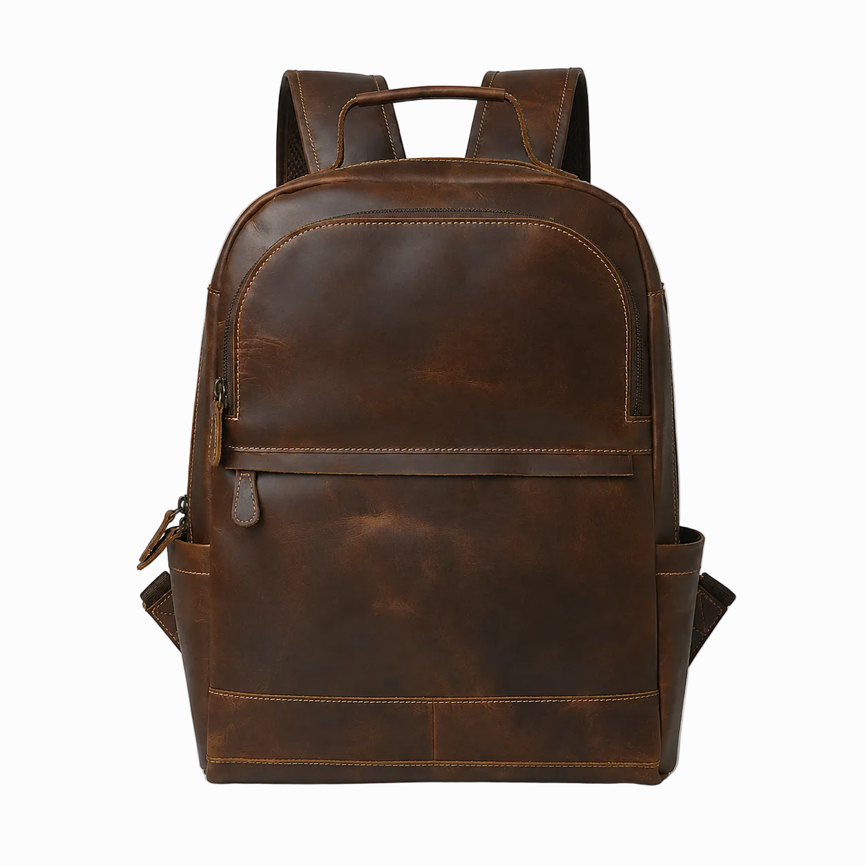 vintage distressed unisex Brown leather backpack on a white background