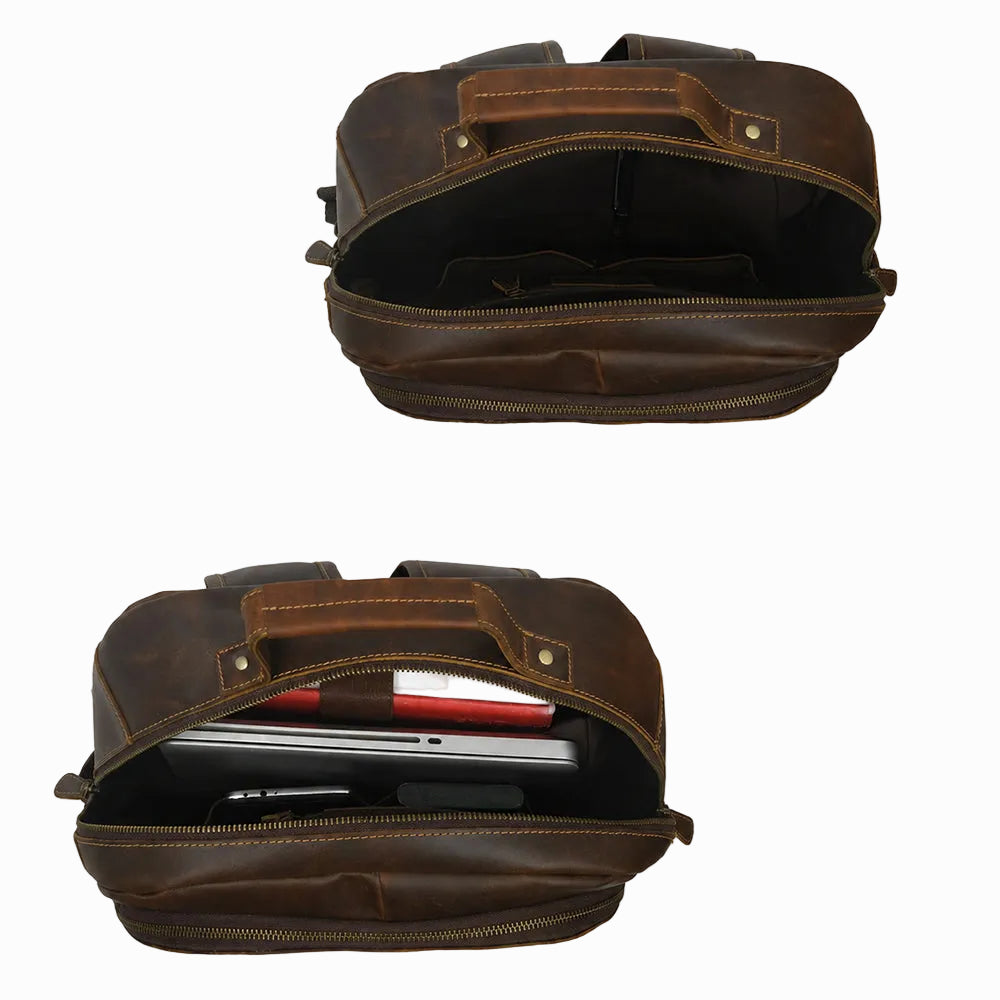 vintage distressed unisex sheepskin leather Brown leather briefcase with interior compartments on a white background