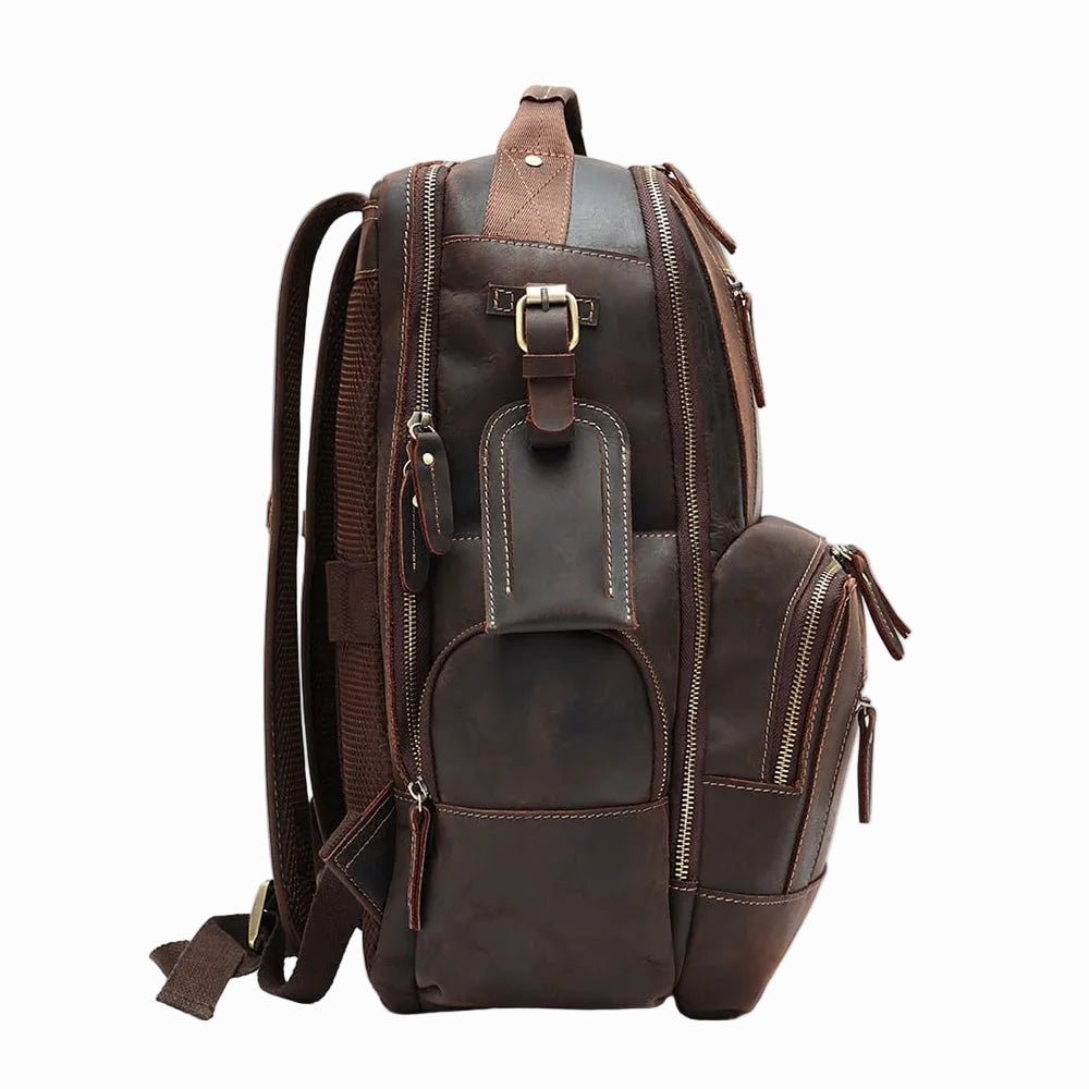 Handmade Brown leather Sheepskin backpack on a light gray background