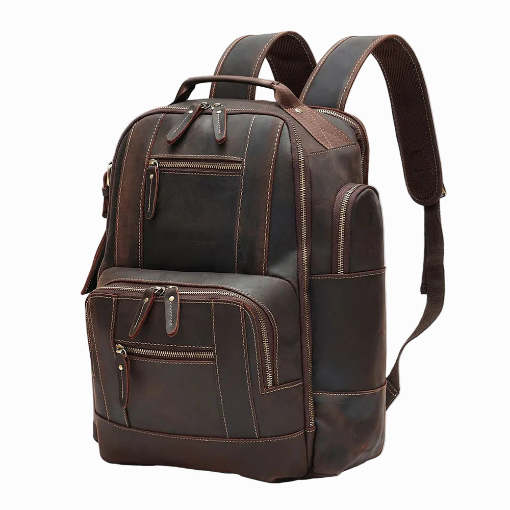 Handmade Brown Sheepskin leather backpack on a light gray background