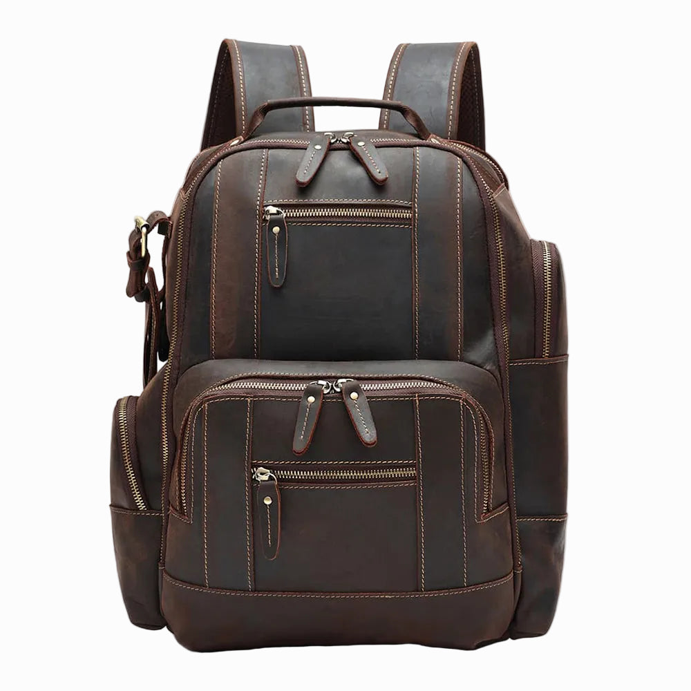 Handmade Brown Sheepskin leather backpack on a light gray background