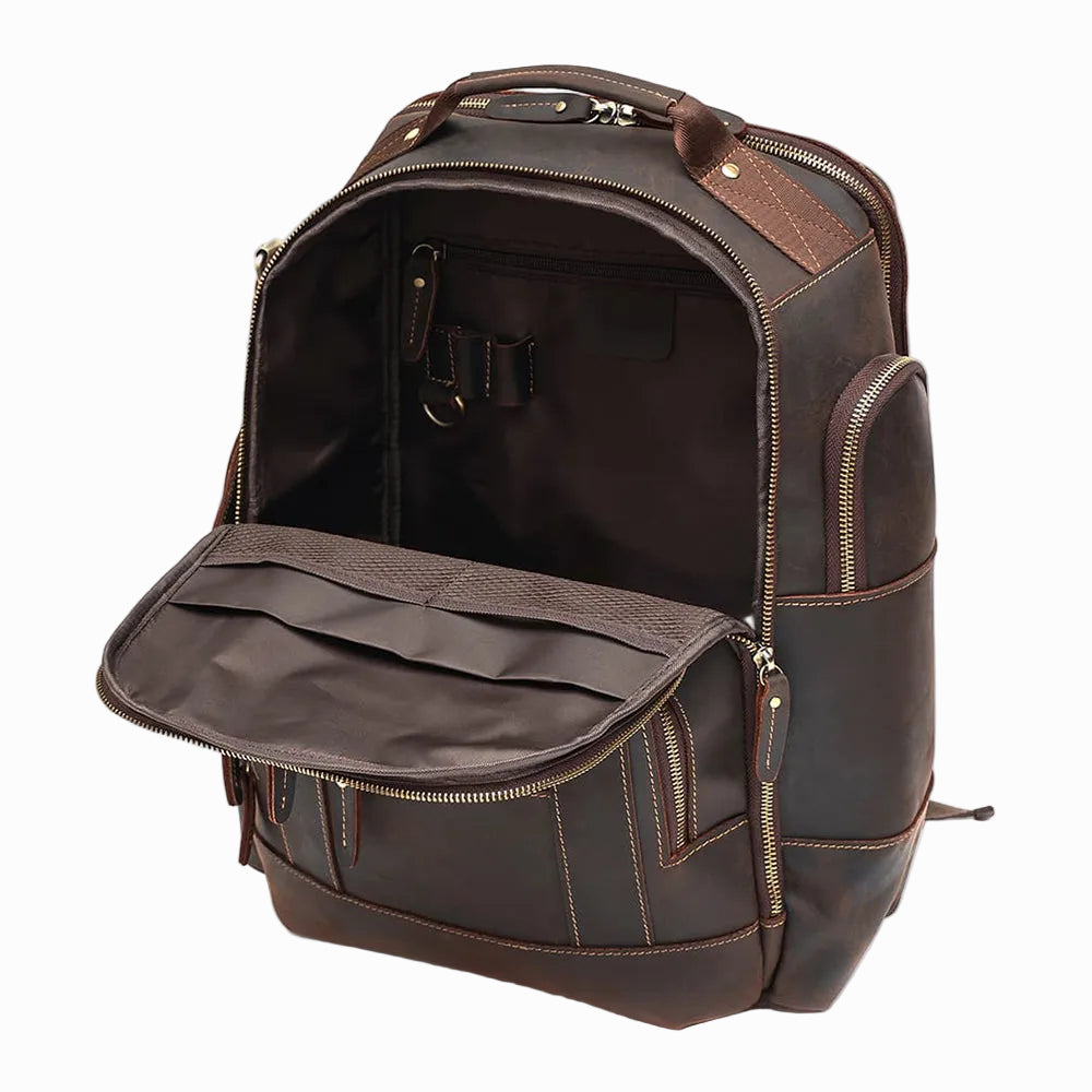 Handmade Brown Sheepskin leather backpack with open front pocket on a light gray background
