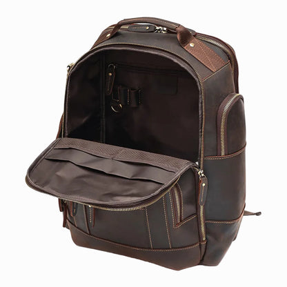 Handmade Brown Sheepskin leather backpack with open front pocket on a light gray background
