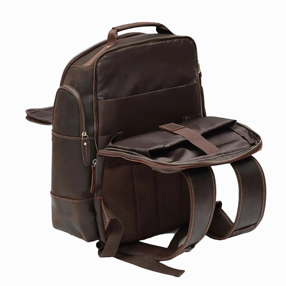 Handmade Brown sheepskin leather backpack on a white background