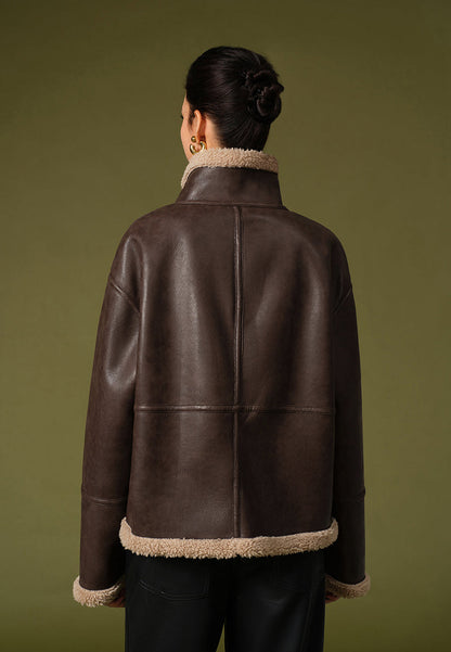 brown shearling jacket-brown leather vintage jacket-brown genuine leather shearling jacket-brown genuine leather shearling jacket-retro brown leather jacket-shearling leather jacket womens-oversized shearling jacket-brown shearling leather jacket-vintage oversized leather jacket-women's shearling bomber jacket-relaxed fit jacket-shearling bomber jacket womens-shearling leather jacket women-leather jacket with shearling collar-women's vintage brown leather jacket