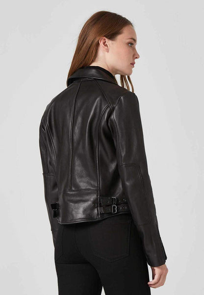 Ladies Black Leather Cafe Racer Biker Jacket