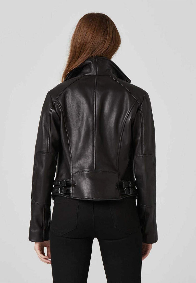 Ladies Black Leather Cafe Racer Biker Jacket