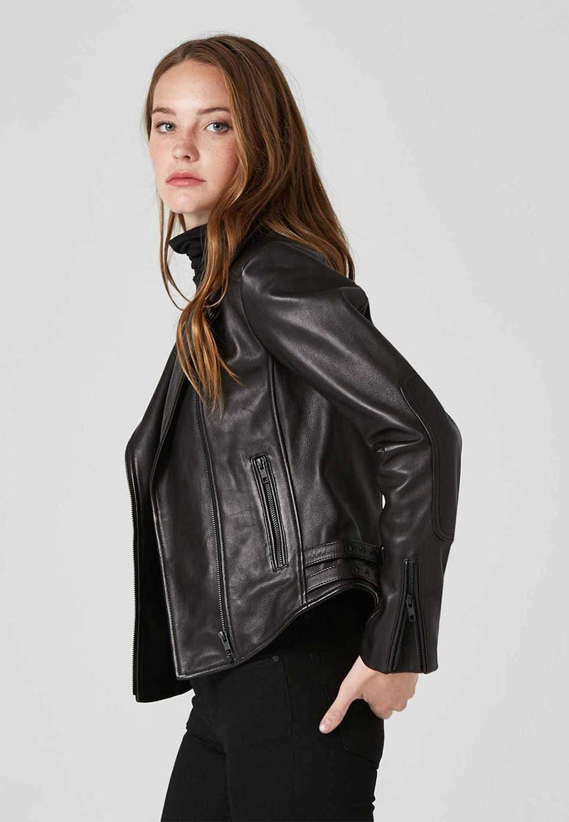 Ladies Black Leather Cafe Racer Biker Jacket