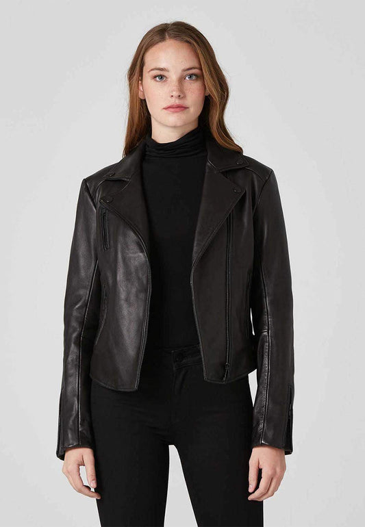 Ladies Black Leather Cafe Racer Biker Jacket