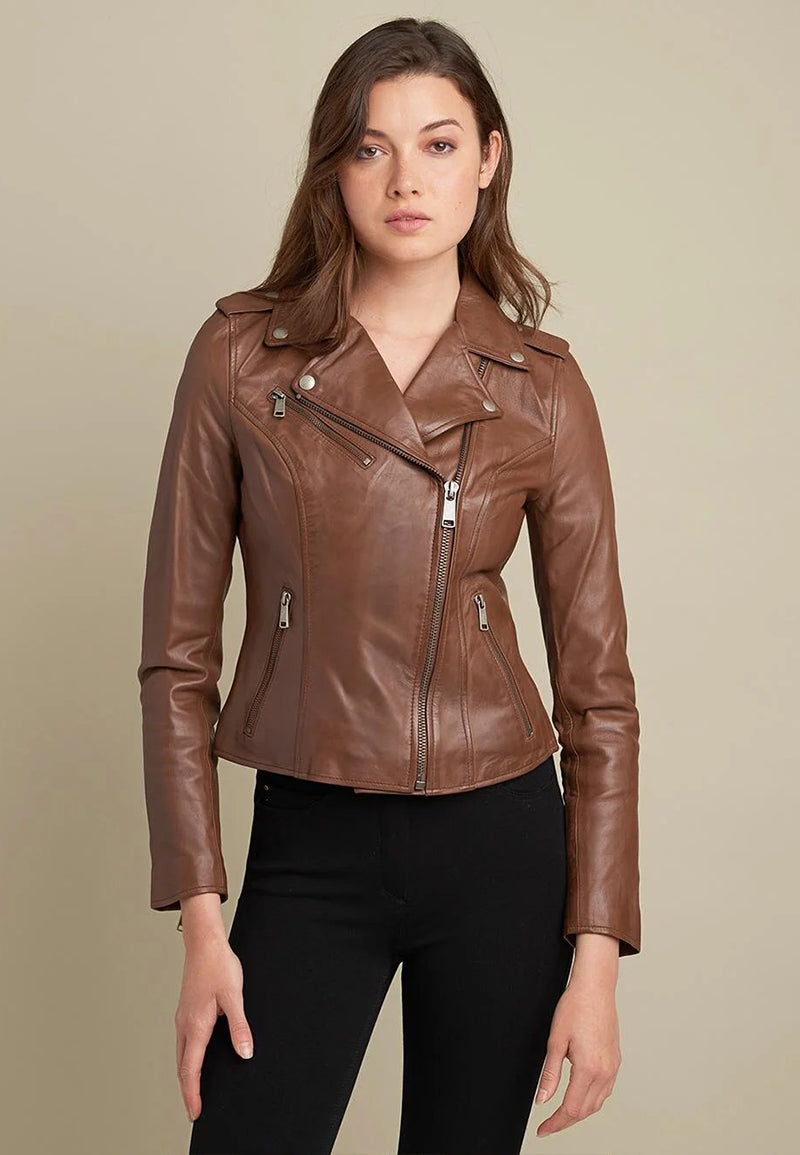 Ladies Brown Leather Moto Biker Jacket