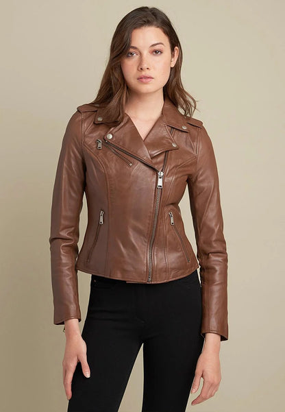 Ladies Brown Leather Moto Biker Jacket
