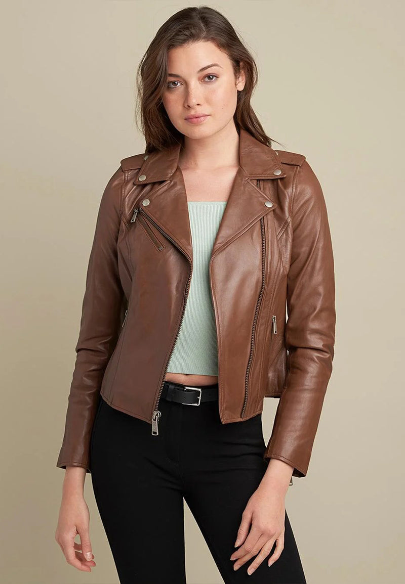 Ladies Brown Leather Moto Biker Jacket