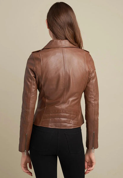 Ladies Brown Leather Moto Biker Jacket
