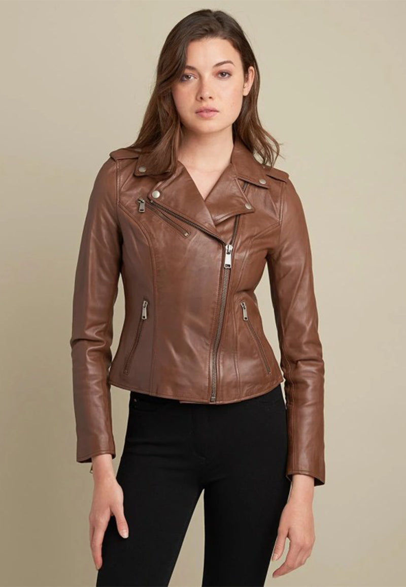 Ladies Brown Leather Moto Biker Jacket