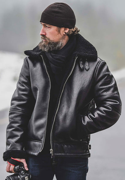 Men's Aviator Black Vintage Genuine Sheepskin Shearling Leather Jacket